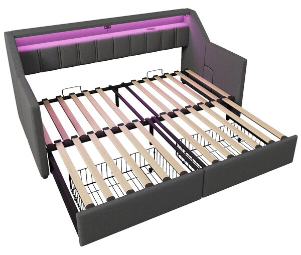 Divano letto con funzione letto e illuminazione LED 90x200cm/180x200cm, superficie di sdraio ampliabile, con rete a doghe e cassetti, biancheria