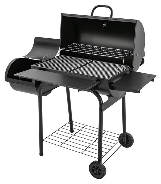 Griglia per barbecue in legno, modello autoportante, adatta per 10 persone o più, con tavolini laterali, termometro, ruote e finitura nera