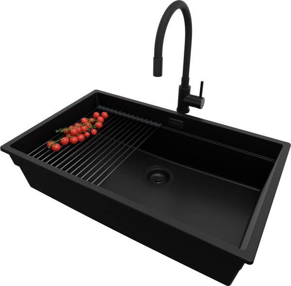 PRIMAGRAN Lavello da incasso in granito, modello "Alles Schwarz" 76x47 cm, lavello a vasca singola + set di scarico + set di accessori da cucina, lavello in granito per mobili base da 80 cm - Praga
