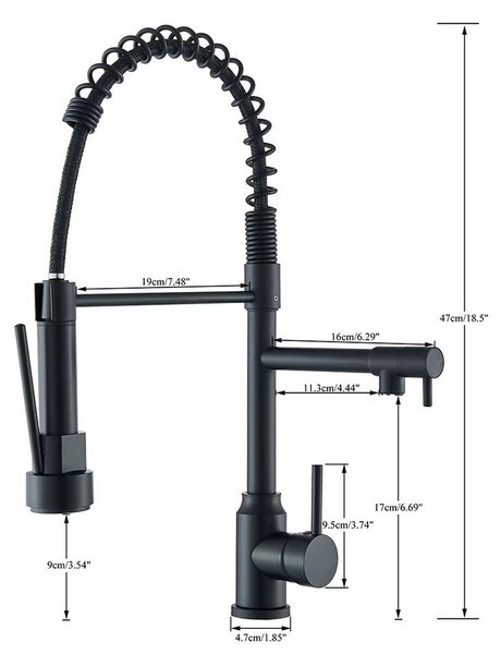 Miscelatore da cucina - Modello 82 - Doccetta estraibile - Due erogatori orientabili - Rotazione a 360° - Acqua calda e fredda - Miscelatore monocomando - Finitura nera opaca