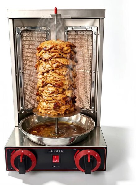 Griglia a gas verticale - Griglia per shawarma - 3000 W - 2 bruciatori a infrarossi - Spiedo rotante - Acciaio inossidabile - Spina europea