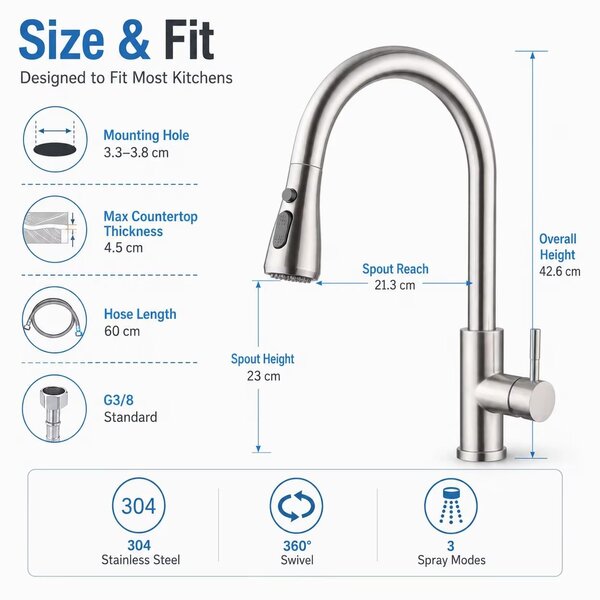 Miscelatore da cucina - KF161C2BN1 - Acciaio inossidabile 304 - Bocchetta estraibile - 3 tipi di getto - Rotazione a 360° - Acqua calda e fredda - Argento