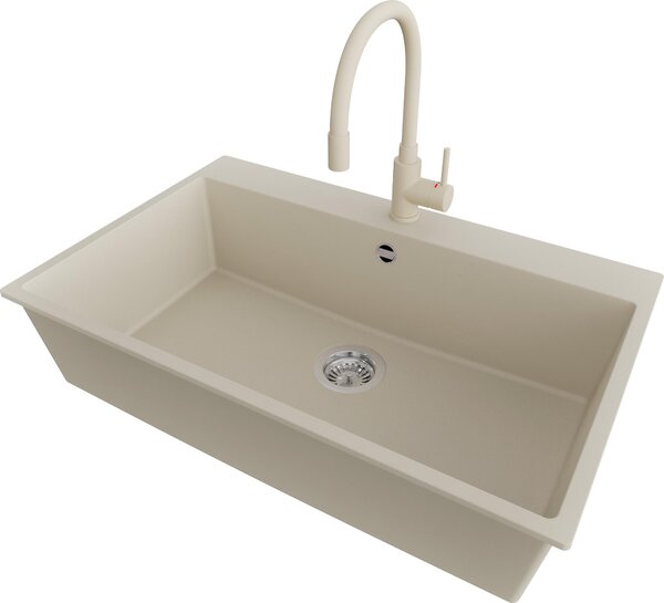 Lavello PRIMAGRAN in granito beige 78x50cm, lavello 1 vasca + rubinetto da cucina 38x14cm + set di scarico, lavello da cucina con base 80 cm - Riga