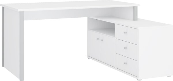 Forte TEMPRA 2 Scrivania 120, scrivania moderna a L con mensola, 2 ante, 3 cassetti, materiale derivato dal legno, bianco/grigio, larghezza 120,6 cm x altezza 74,9 cm x profondità 151,4 cm