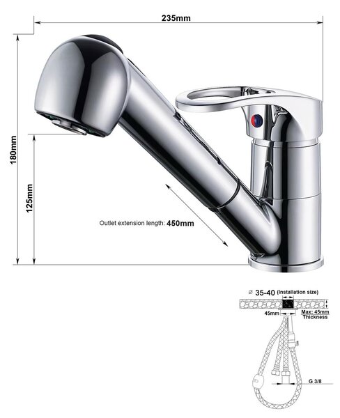Miscelatore da cucina - Modello KF131C1DB - Bocchetta estraibile - Girevole a 360° - Miscelatore monocomando - Acqua calda e fredda - Ottone - Cromato