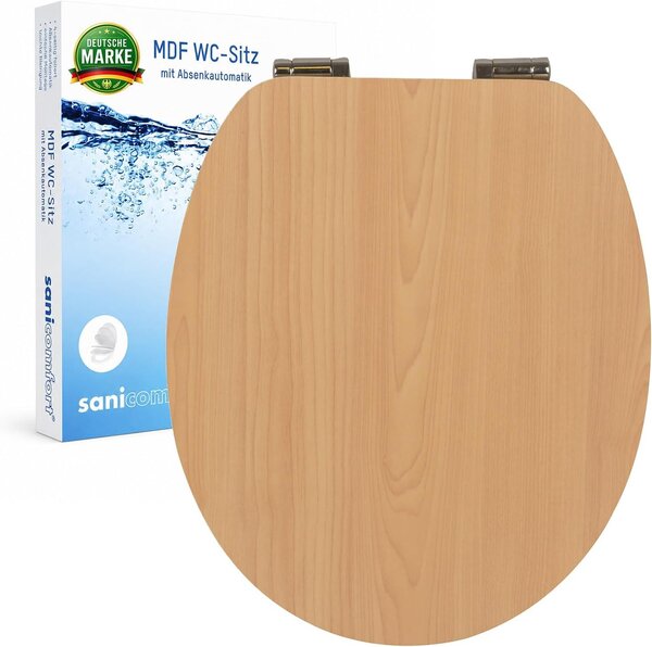Sedile WC Sanicomfort in faggio laccato opaco, anima in MDF, con chiusura ammortizzata, sedile WC con coperchio, visiera e coperchio, cerniere in metallo cromato, facile da montare