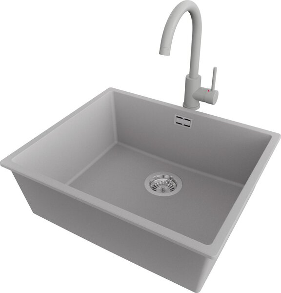 PRIMAGRAN lavello sottopiano granito grigio 56x47cm, lavello 1 vasca + rubinetto cucina 32x20cm + set scarico, lavello in granito da base 60 cm - London