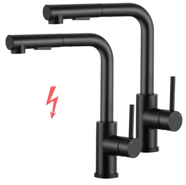 Miscelatore da cucina KF171D2DB - Per bassa pressione - Con doccetta estraibile - Rotazione a 360° - 2 tipi di getto - Set da 2 - Nero