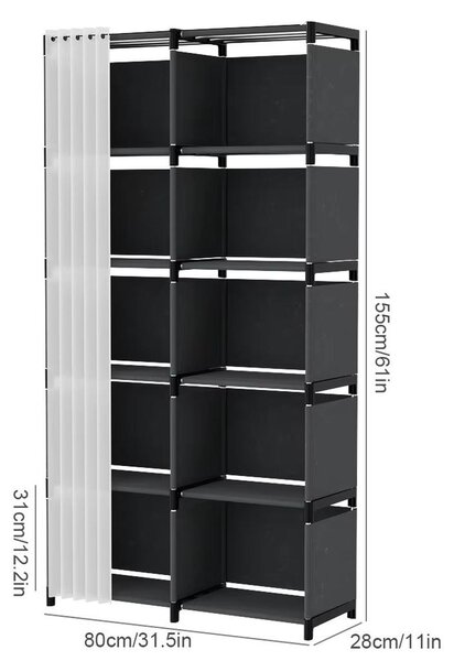 Organizzatore per abiti - Armadio portatile con ripiani - 5 livelli - Tenda antipolvere - Struttura in acciaio inossidabile - 80 x 28 x 155 cm - Nero