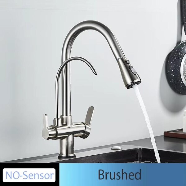 Miscelatore da cucina – Miscelatore estraibile per lavello – Acqua calda e fredda – Bocchetta per acqua filtrata – Montaggio rapido – Due manopole – Senza sensore – Finitura spazzolata