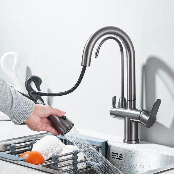 Miscelatore da cucina – Miscelatore da cucina estraibile – Per acqua filtrata – Acqua calda e fredda – 2 maniglie – Ottone – Per montaggio a incasso – Grigio