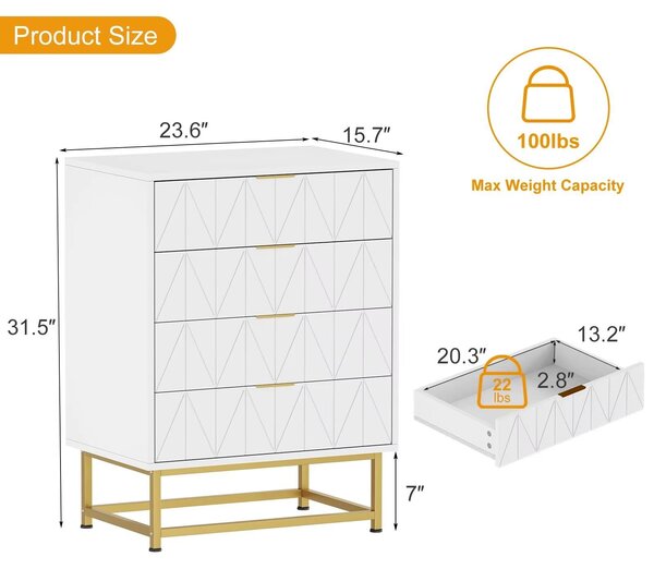Comodino moderno - Mobile contenitore per soggiorno e camera da letto - 4 cassetti - Ampio spazio di stoccaggio - Gambe in metallo - Maniglie dorate - Bianco