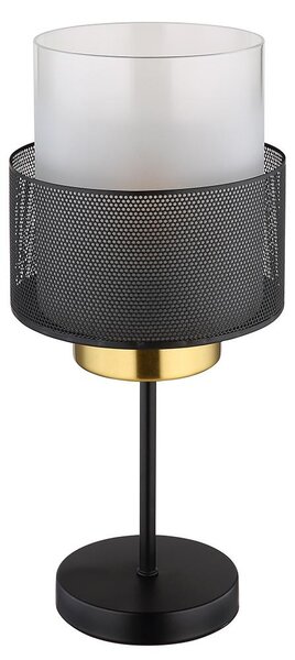 Lampada da tavolo, griglia nera, vetro satinato, finitura dorata, altezza 40 cm