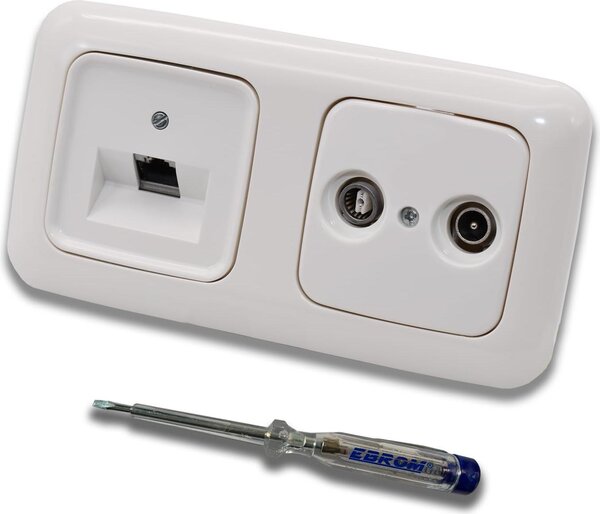 Busch Jäger, presa di rete da incasso Rutenbeck 10 Gigabit/s (10GbE) CAT6A 6A con 1 porta RJ45 + scatola passante WISI a 2 fori nel design BJ ReflexSi bianco alpino + tester di fase EBROM per il montaggio dei dispositivi