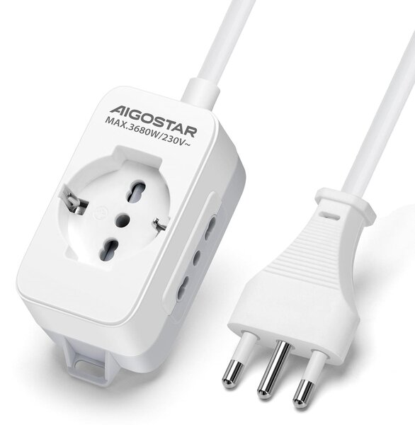 Ciabatta multipresa Aigostar, 3 prese, 16 A, 250 V, modello P40, con prese P17/P11, cavo da 1,5 metri. Colore: bianco e grigio