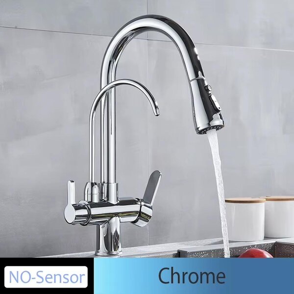 Miscelatore da cucina – Miscelatore estraibile per lavello – Acqua calda e fredda – Due manopole – Adatto per acqua filtrata – Montaggio rapido – Cromato, senza sensore