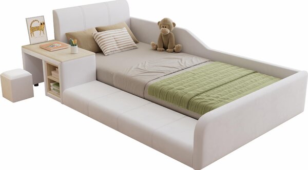 Letto imbottito con tavolino, sgabello, rete a doghe, mensola e testiera imbottita, 90x200 cm, lettino per bambini, letto singolo, velluto