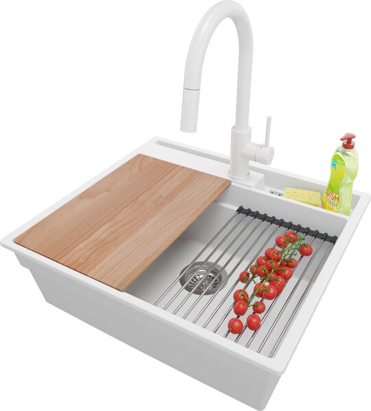 Lavello in granito PRIMAGRAN bianco 58x53 cm, lavello a vasca singola + rubinetto da cucina 40x20 cm + set di scarico + set di accessori da cucina, lavello da cucina per mobili base da 60 cm - Oslo Pocket