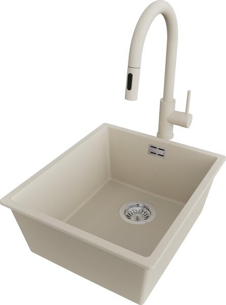 PRIMAGRAN lavello sottopiano in granito beige 41x47cm, lavello 1 vasca + rubinetto da cucina 40x20cm + set di scarico, lavello in granito da base 45 cm - London