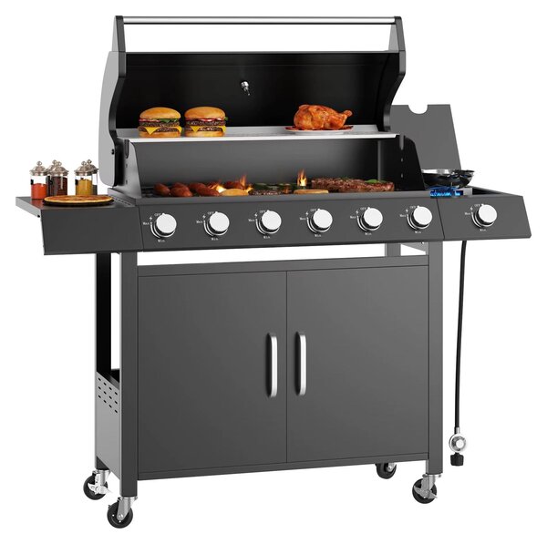Griglia a gas - Griglia indipendente - 7 bruciatori - 60.000 BTU - Bruciatore laterale da 12.000 BTU - Griglie in ghisa - Corpo in acciaio inossidabile nero