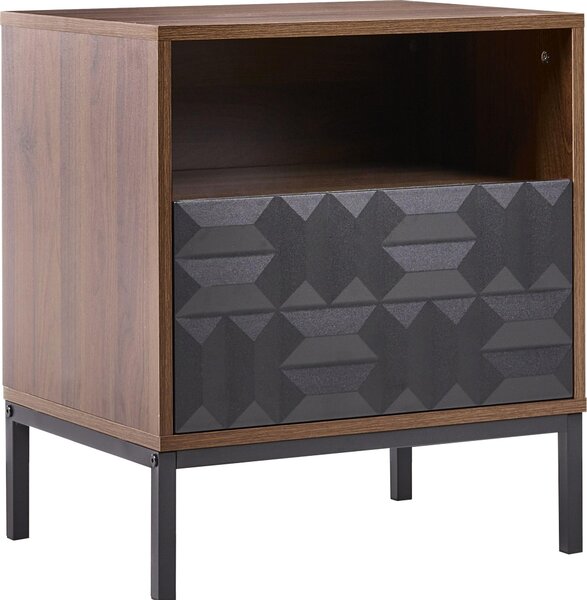 BELIANI Comodino marrone scuro MDF motivo geometrico gambe in metallo con ripiano e cassetto camera da letto