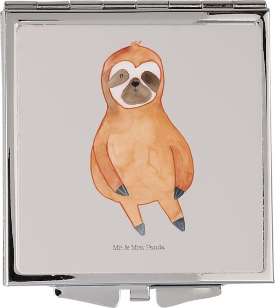 Mr. & Mrs. Panda Specchio cosmetico Bradipo Soddisfatto - Grigio pastello - Regalo, Specchio da viaggio per il trucco, Pausa, Soddisfazione, Specchio a mano, Specchio quadrato, Felice