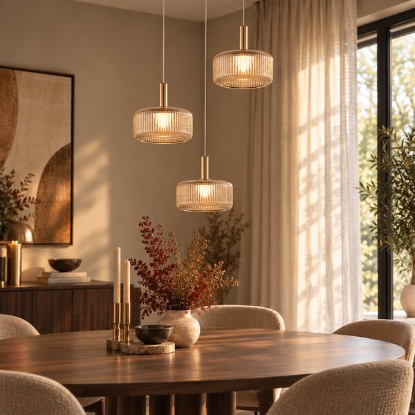 Lampada a sospensione di design oro rosa con vetro ambrato, LED integrato, dimmerabile a 3 fasi, 3 luci Easylift - Fiera