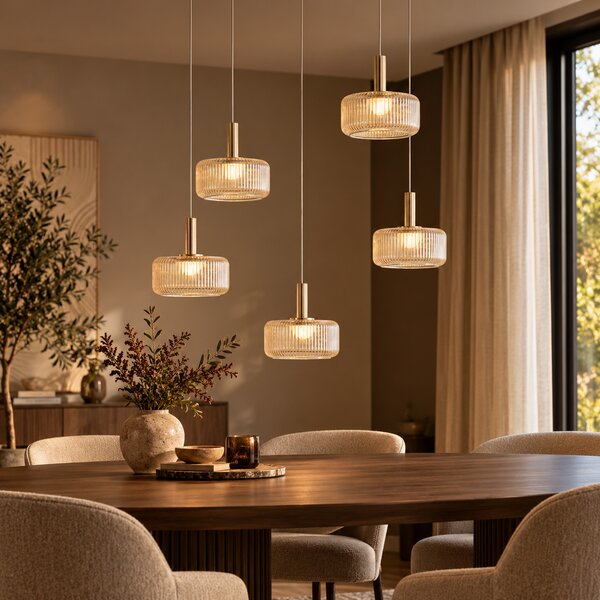 Lampada a sospensione di design oro rosa con vetro ambrato incl. LED dimmerabile a 3 fasi 5 luci Easylift - Fiera