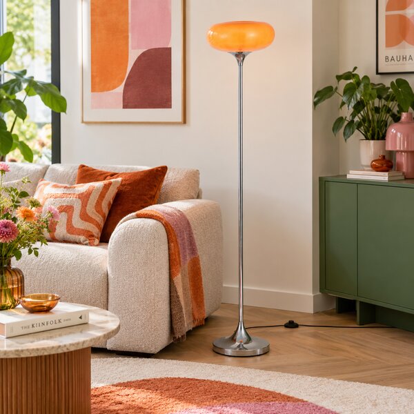 Lampada da terra retrò cromata con paralume in vetro arancione 150cm - Glaze
