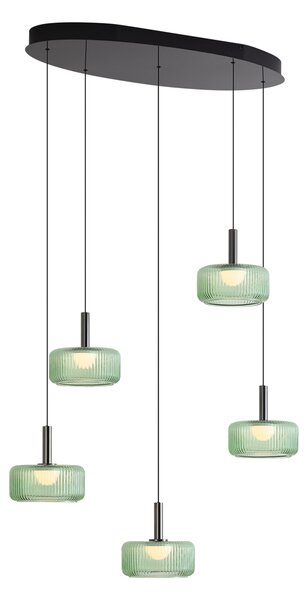 Lampada a sospensione di design color canna di fucile con vetro verde, LED integrato, dimmerabile a 3 fasi, 5 luci - Fiera