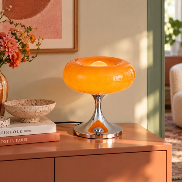 Lampada da tavolo retrò cromata con paralume in vetro arancione 31 cm - Glaze