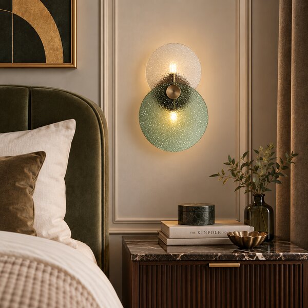 Lampada da parete Art Déco bronzo scuro con vetro verde e trasparente 2 luci - TEXT