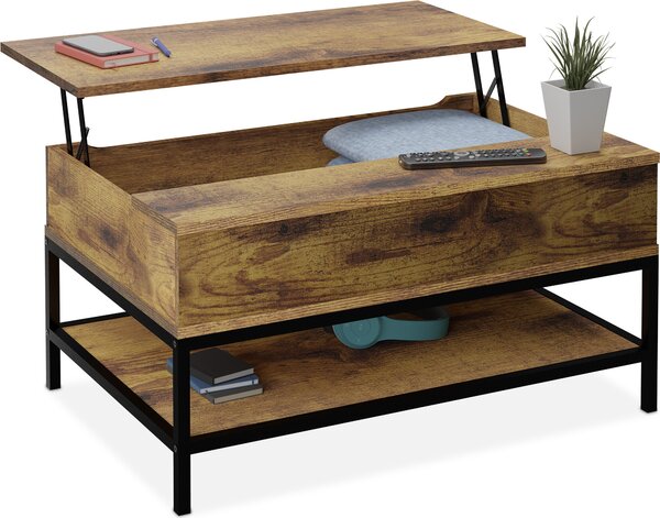 Tavolino da salotto ribaltabile Relaxdays, con ripiano, tavolino da salotto con vano portaoggetti, effetto legno, dimensioni: 45,5x90x60 cm, marrone/nero