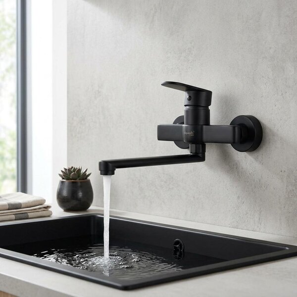 Miscelatore da cucina a parete, colore nero, con bocchetta da 25 cm, marca Casa Aquanello