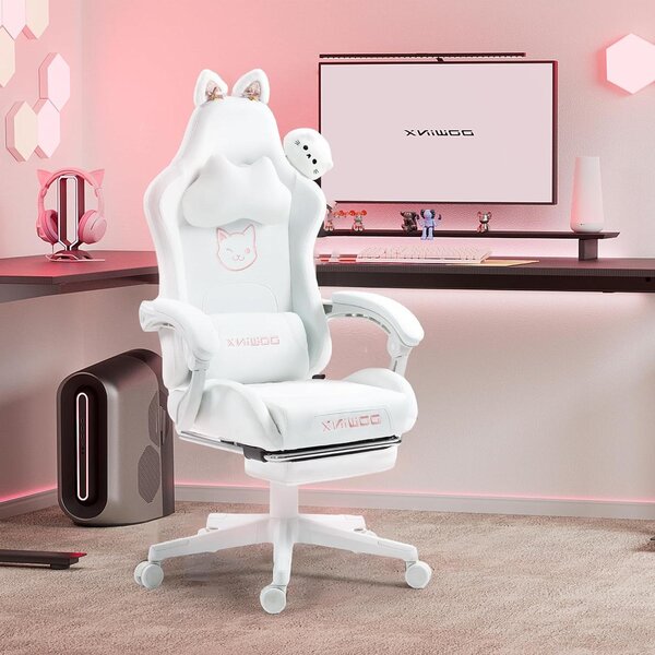 Sedia da gaming a tema "gatto" - Sedia ergonomica per computer - Ideale per lunghe sessioni di utilizzo - Schienale regolabile - Capacità massima: 150 kg - Colore: bianco neve
