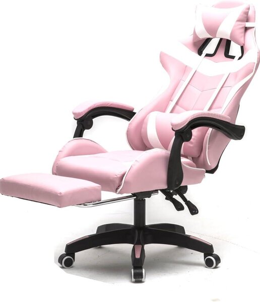 Sedia da gaming con poggiapiedi - Sedia da ufficio racing - Comfortevole per lavorare - Design ergonomico - Altezza 128 cm - Rosa e bianco