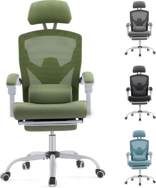 Sedia da ufficio ergonomica - Sedia da lavoro confortevole - Ideale per lunghe sessioni di lavoro - Supporto lombare regolabile - Capacità di carico: 110 kg - Verde