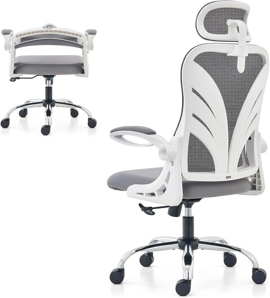 Sedia da ufficio ergonomica - Sedia per computer pieghevole - Comfort per il lavoro da casa - Schienale reclinabile - Grande - Bianca