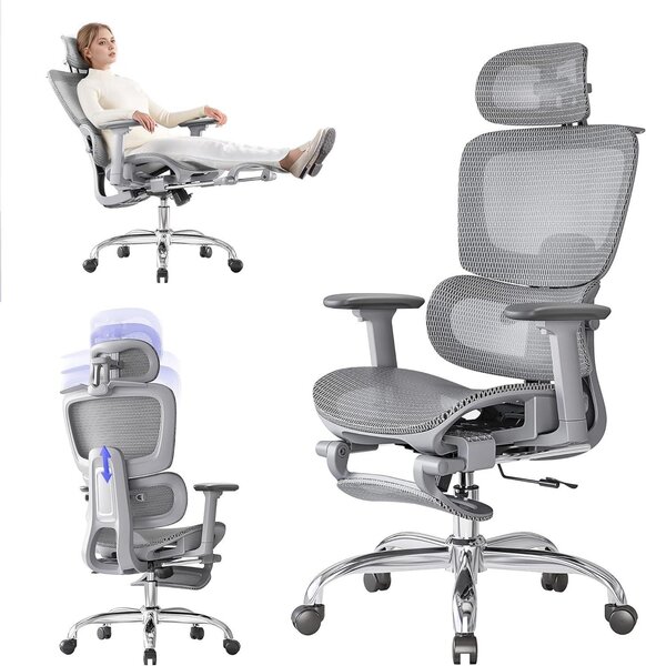 Sedia da ufficio ergonomica - Sedia confortevole - Ideale per il lavoro da casa e lo studio - Con poggiapiedi regolabile - Schienale a 5 zone - Grigia
