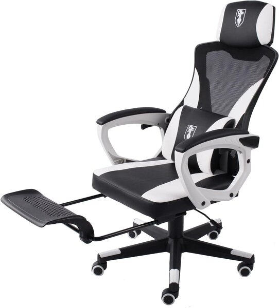 Sedia da gaming dal design racing - Sedia da ufficio confortevole - Ideale per lunghe sessioni - Poggiapiedi pieghevole - Portata massima: 120 kg - Colore: nero e bianco