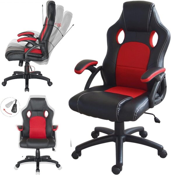 Sedia da gioco Junior - Stile da sedia da ufficio - Seduta confortevole - Design ergonomico - Altezza 118 cm - Colore: nero e rosso