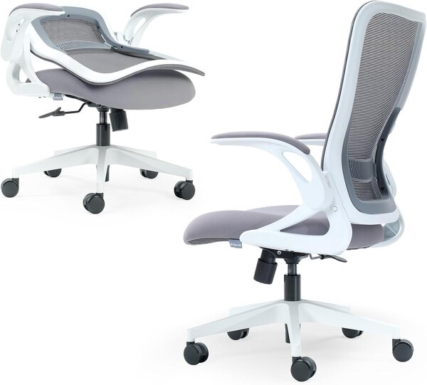 Sedia da scrivania pieghevole - Sedia da lavoro compatta - Ideale per lavorare da casa, offre comfort - Supporto lombare regolabile - Taglia unica - Bianco grigio