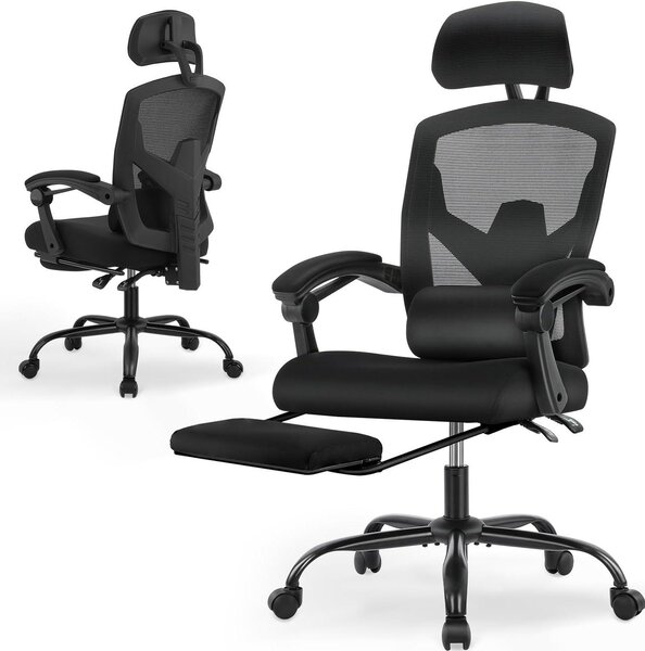 Sedia da ufficio ergonomica - Sedia da lavoro confortevole - Ideale per il lavoro da casa - Con supporto lombare - Regolabile - Nera