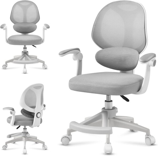 Sedia da scrivania per bambini - Sedia girevole in pelle - Seduta confortevole - Supporto lombare regolabile - 53 x 64 x 87 cm - Grigia