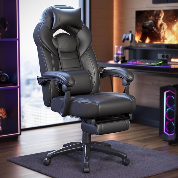 Sedia ergonomica - Sedia da ufficio, sedia da gaming - Comfortevole per lavorare - Con poggiapiedi - Portata massima: 150 kg - Colore: nero