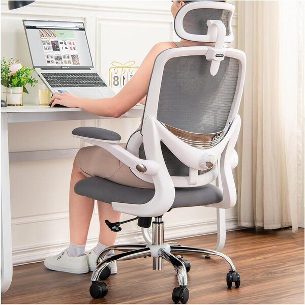 Sedia da ufficio ergonomica - Sedia da lavoro confortevole - Ideale per lunghe sessioni di lavoro - Supporto lombare regolabile - Altezza regolabile da 155 a 185 cm - Bianco e grigio