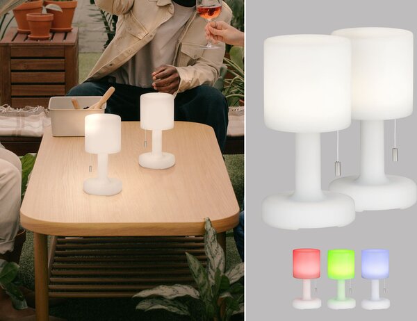 FHL Termoli, set di 2 luci da esterno a LED, alimentazione a batteria, con porta USB, 1,5W, controllo del colore RGB, dimmerabile, grado di protezione IP44, codice prodotto 850252