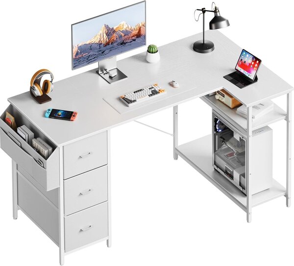 Scrivania angolare con spazio contenitivo - Scrivania a forma di L - Ideale per lavorare da casa e studiare - Dotata di 3 cassetti rivestiti in tessuto - Dimensioni: 120 x 80 cm