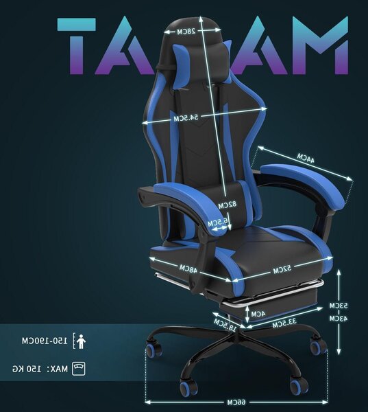 Sedia da ufficio ergonomica - Sedia da gaming - Per lavorare comodamente - Con poggiapiedi regolabile - Portata massima: 150 kg - Colore: blu