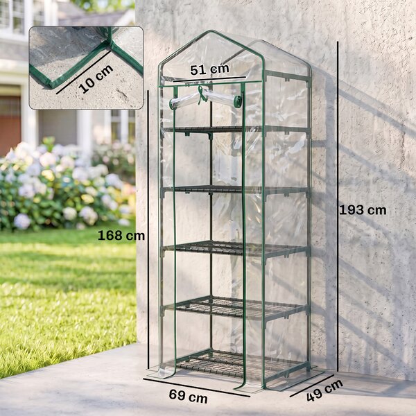 Outsunny Mini Serra in tubi per Orto a 5 Ripiani con Copertura in PVC, per Giardino e Terrazza, 69x49x193cm, Trasparente | Aosom Italy